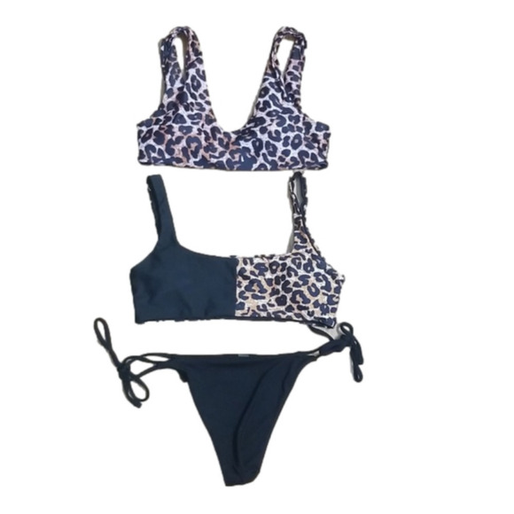 Shein Bikini Tops Bottoms Leopard Print String Bottoms Black Womens Small Medium - Picture 1 of 8